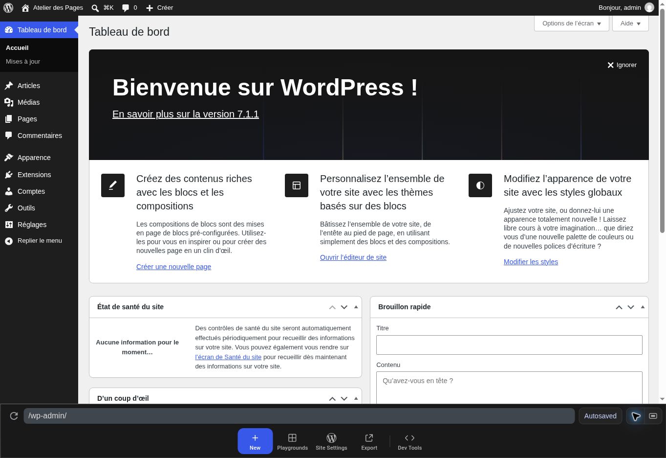 Vue générale du tableau de bord. Le menu de gauche conduit aux contenus, à la présentation et aux fonctions du site. La barre supérieure permet de retrouver le site public.