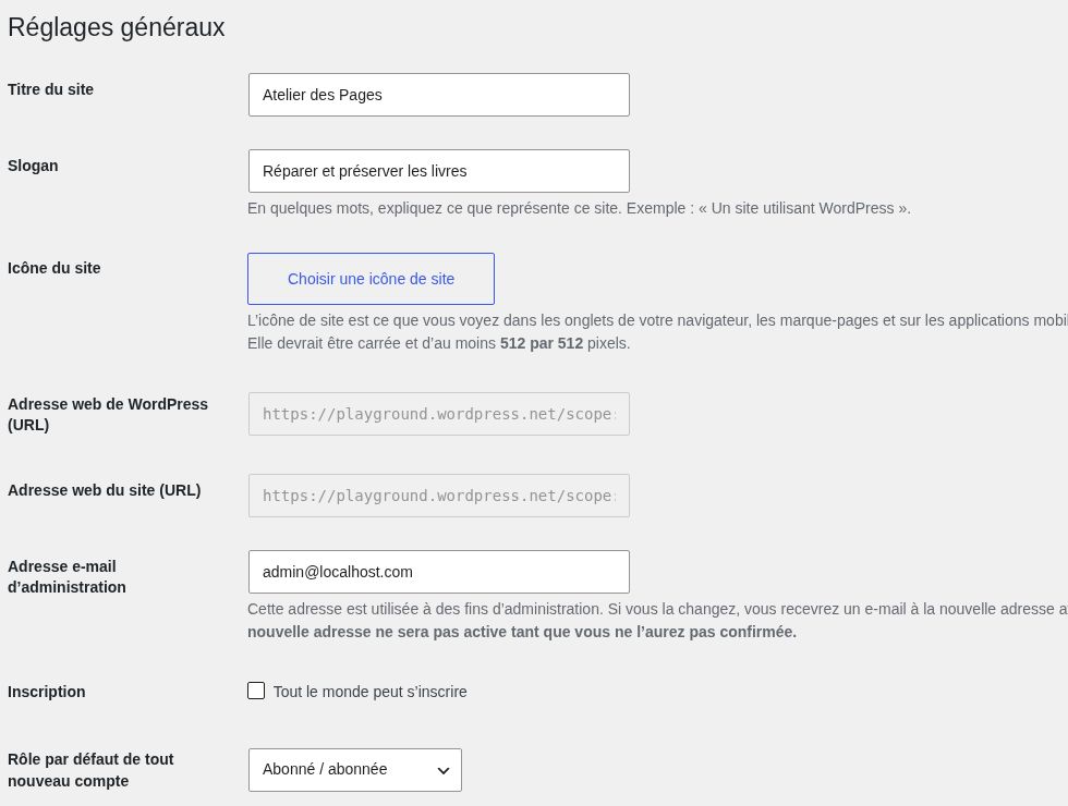 Identité du site. Saisissez le titre et une courte description. Ne confondez pas ces textes avec les adresses techniques de WordPress.