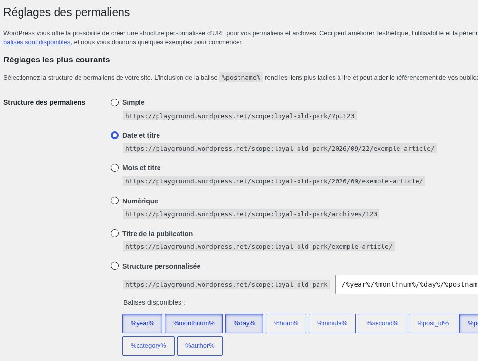 Structure des adresses. Comparez les options, puis choisissez celle prévue pour le nouveau site. Cette capture montre l’état avant le choix : Date et titre est encore sélectionné.