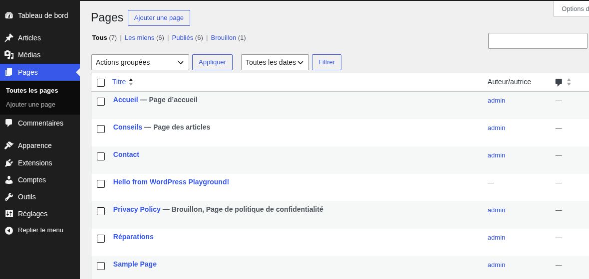 Liste des pages. Les mentions Page d’accueil et Page des articles indiquent l’affectation de deux pages différentes. Les pages de démonstration livrées avec Playground ne sont pas obligatoires pour votre projet.