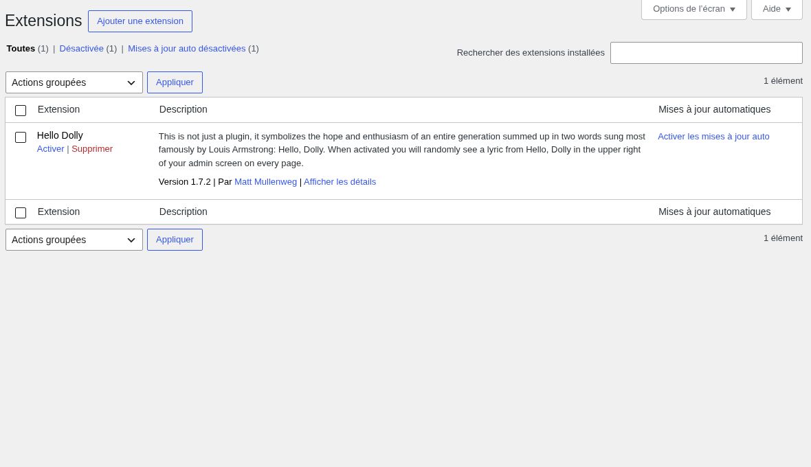 Installer et activer sont deux actions différentes. Ici, le lien Activer montre qu’une extension est présente mais inactive. Cette extension de démonstration n’est pas nécessaire au projet.