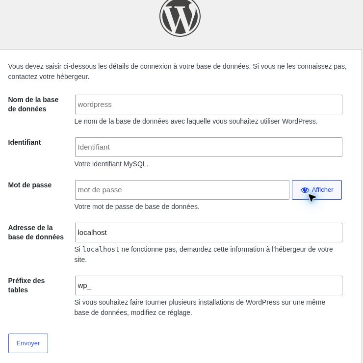 Connexion à la base. Reportez les informations de votre hébergeur dans les quatre champs. Le préfixe désigne le début des noms de tables ; localhost est une valeur à vérifier, pas une règle universelle.
