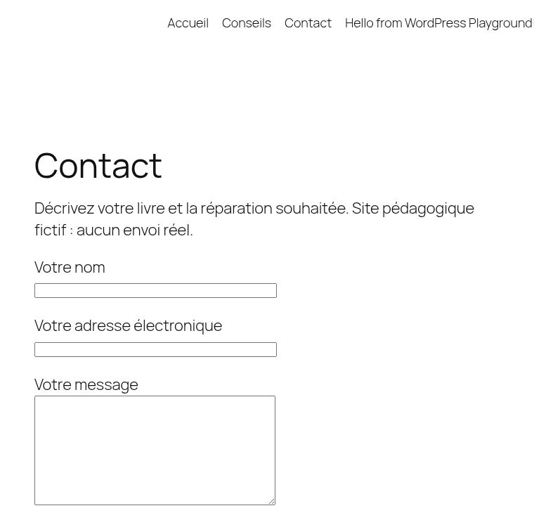 Résultat sur la page Contact. Le visiteur voit des champs, pas les balises de configuration. L’apparition du formulaire ne prouve pas la réception d’un courriel : effectuez le test complet sur votre hébergement.
