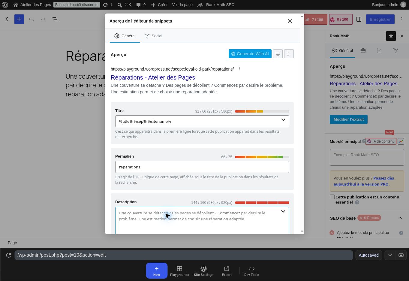 Champs de Rank Math avant personnalisation. Remplacez le titre automatique par votre proposition, puis rédigez une description fidèle. Ici, snippet désigne l’aperçu du résultat de recherche, pas un morceau de code PHP. Les jauges sont des indications de l’extension, pas des garanties de classement.